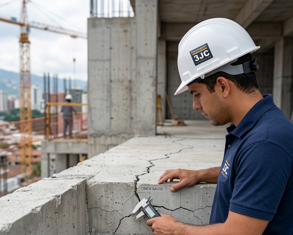Medición de una grieta estructural durante una inspección técnica en Caracas